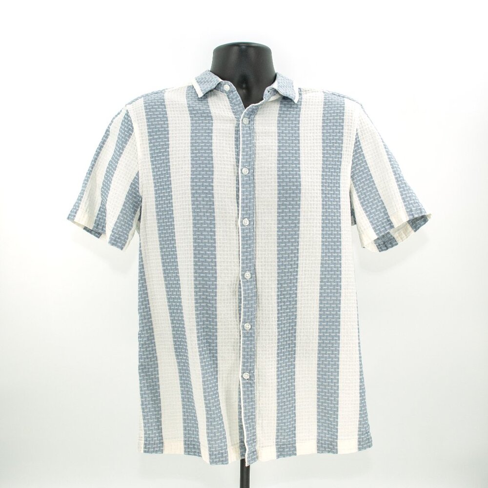 Asos Design Short-sleeved Button-up Shirt / Blue & Off-white / Men's MEDIUM